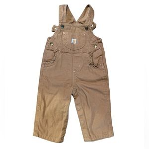 Baby girl Carhartt overalls, light brown with pink stitching, size 12 months